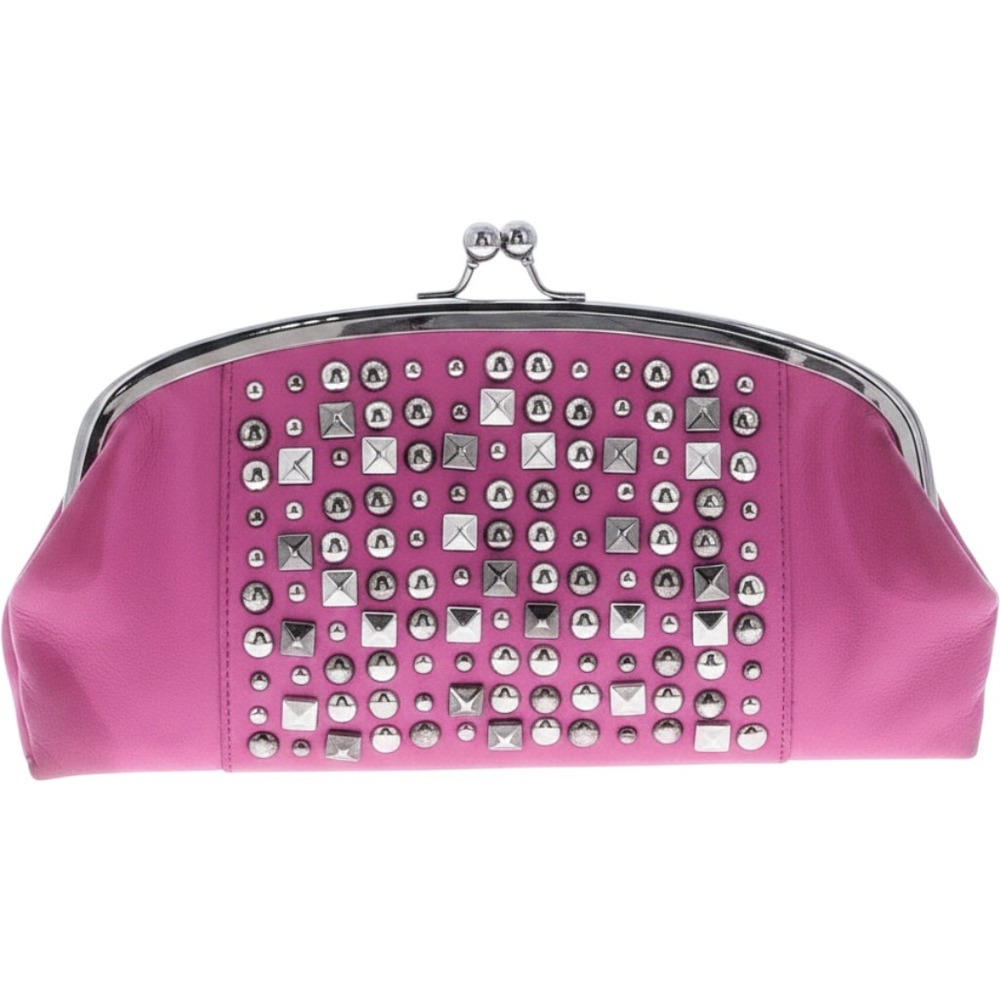 Pink Leather Studded Frame Clutch Bag Silver‎ Kiss Lock Punk Rocker Evening